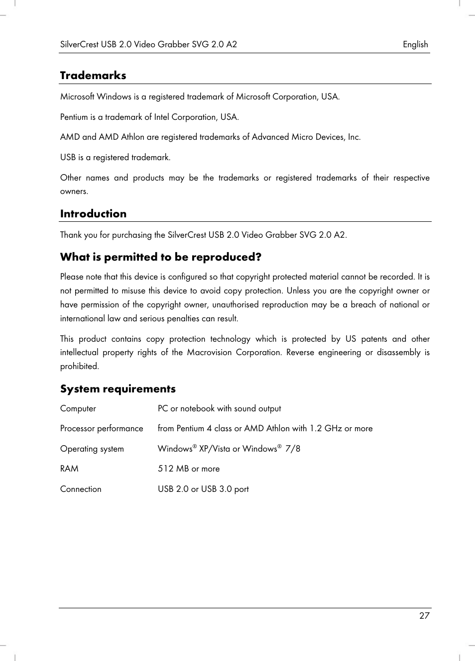 Trademarks, Introduction, What is permitted to be reproduced | System requirements | Silvercrest SVG 2.0 A2 User Manual | Page 28 / 39