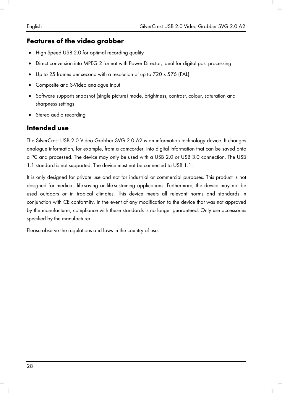 Features of the video grabber, Intended use | Silvercrest SVG 2.0 A2 User Manual | Page 29 / 39