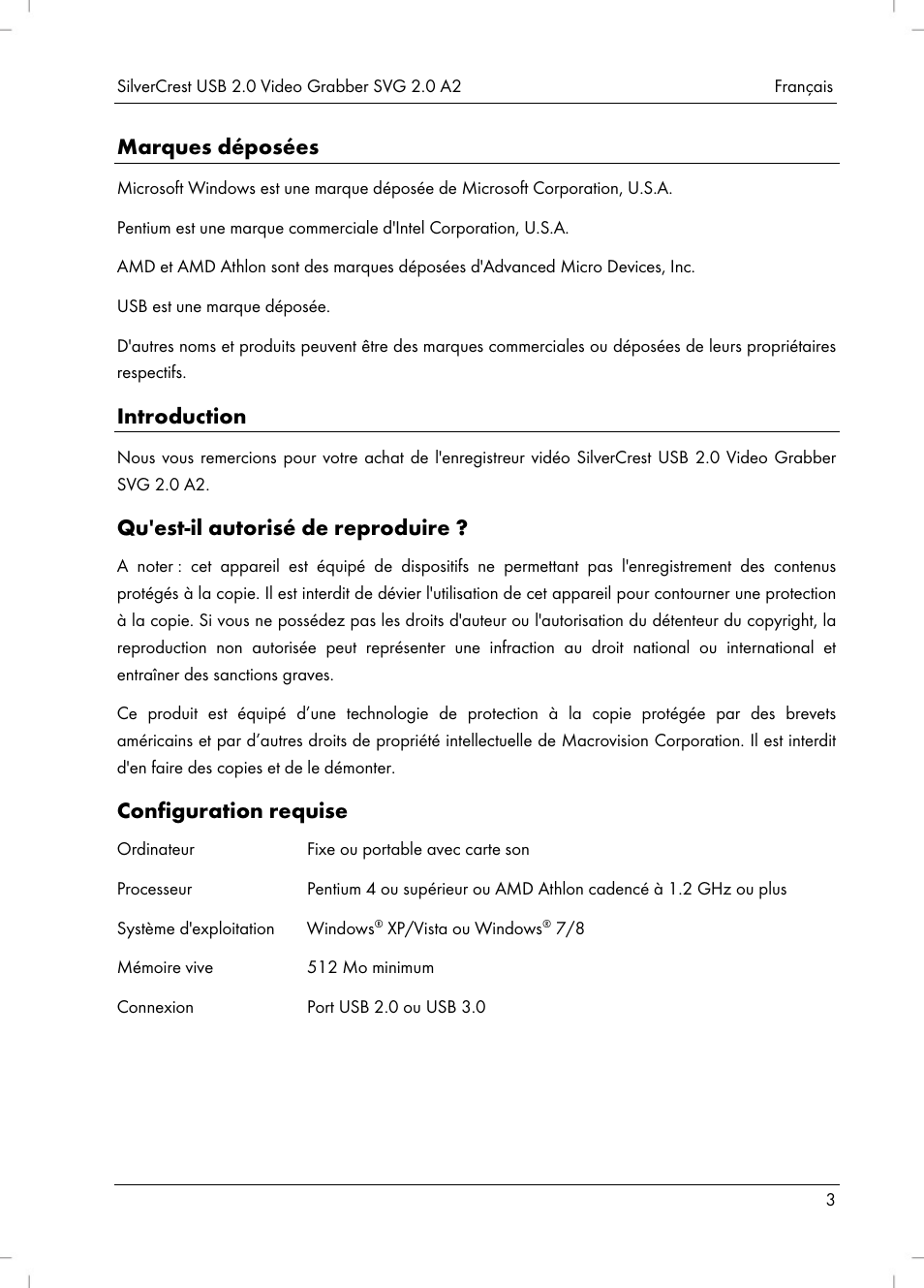 Marques déposées, Introduction, Qu'est-il autorisé de reproduire | Configuration requise | Silvercrest SVG 2.0 A2 User Manual | Page 4 / 39