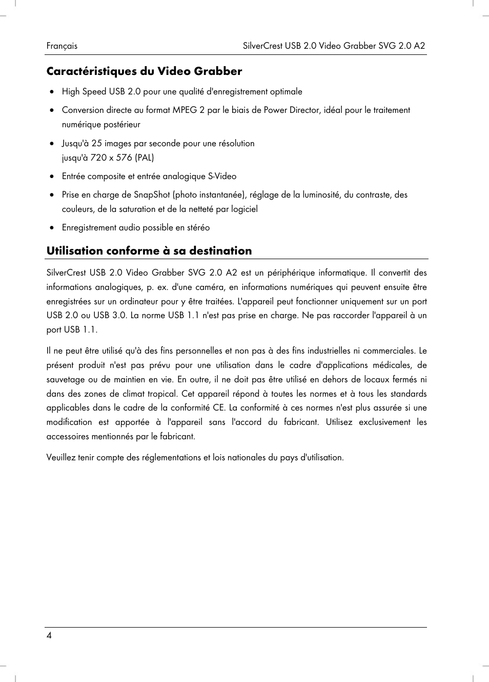 Caractéristiques du video grabber, Utilisation conforme à sa destination | Silvercrest SVG 2.0 A2 User Manual | Page 5 / 39