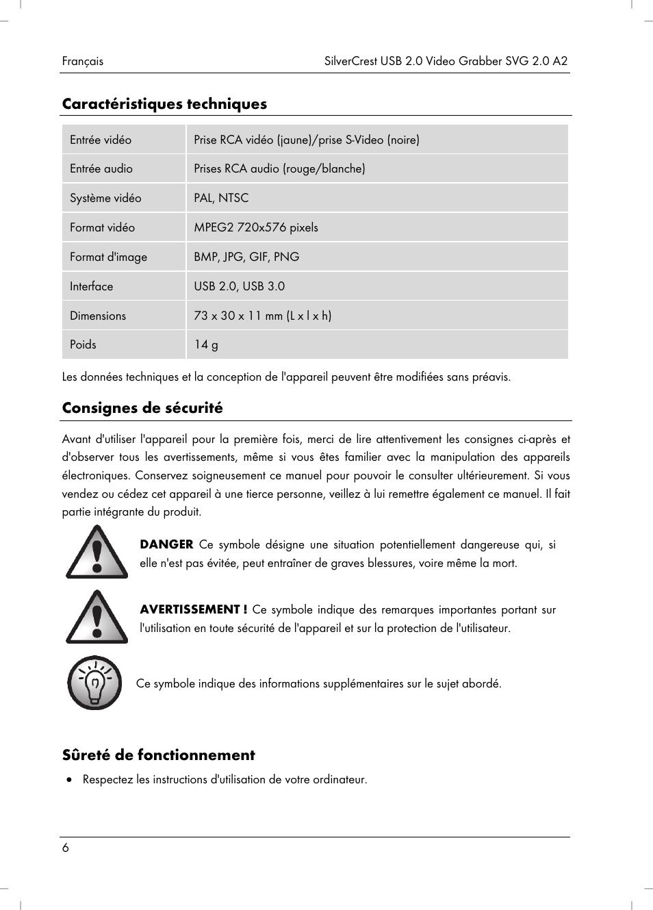 Caractéristiques techniques, Consignes de sécurité, Sûreté de fonctionnement | Silvercrest SVG 2.0 A2 User Manual | Page 7 / 39