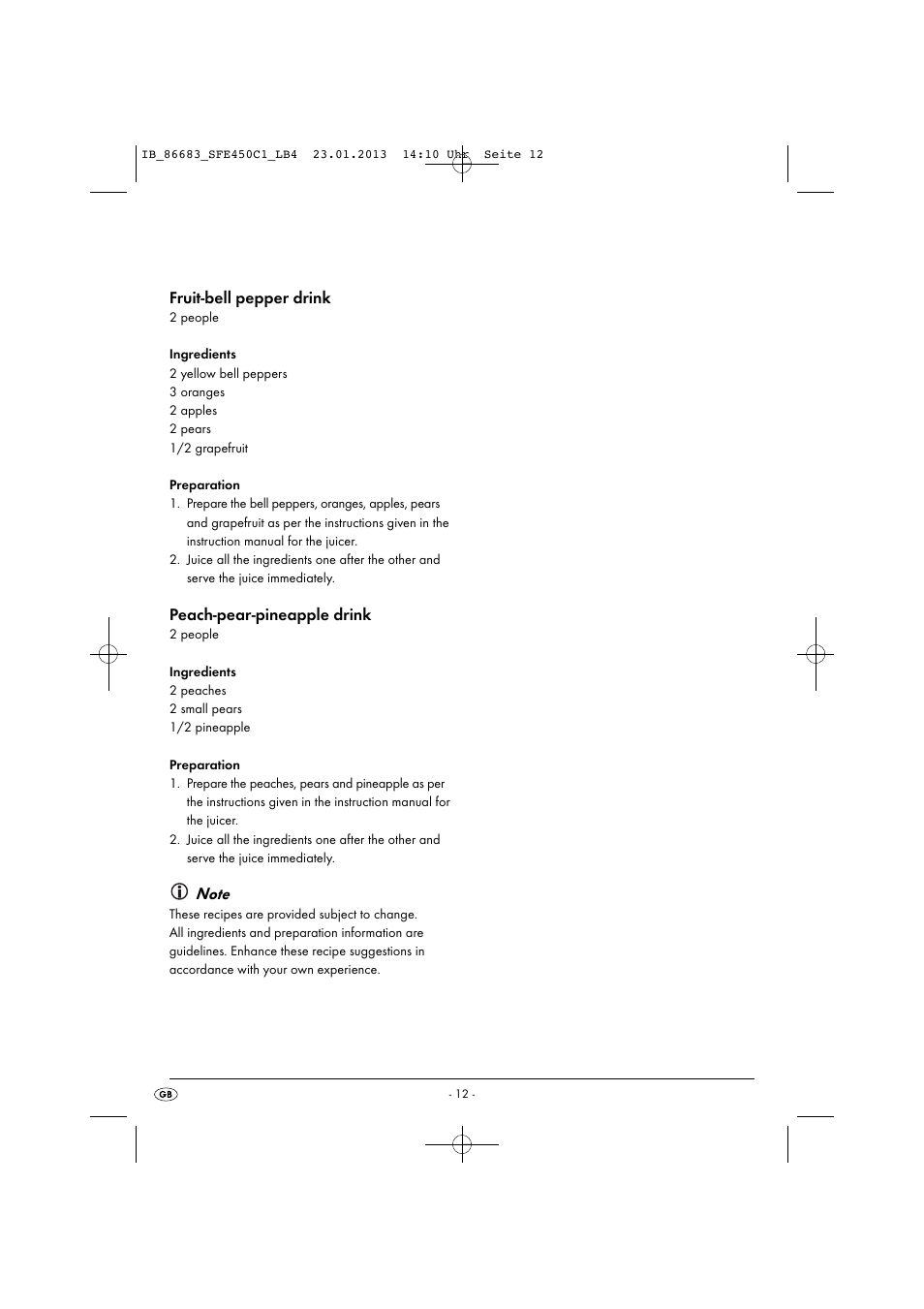 Fruit-bell pepper drink, Peach-pear-pineapple drink | Silvercrest SFE 450 C1 User Manual | Page 15 / 76
