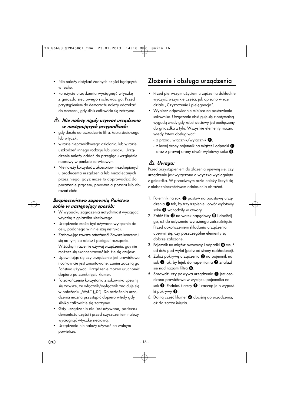 Złożenie i obsługa urządzenia, Uwaga | Silvercrest SFE 450 C1 User Manual | Page 19 / 76