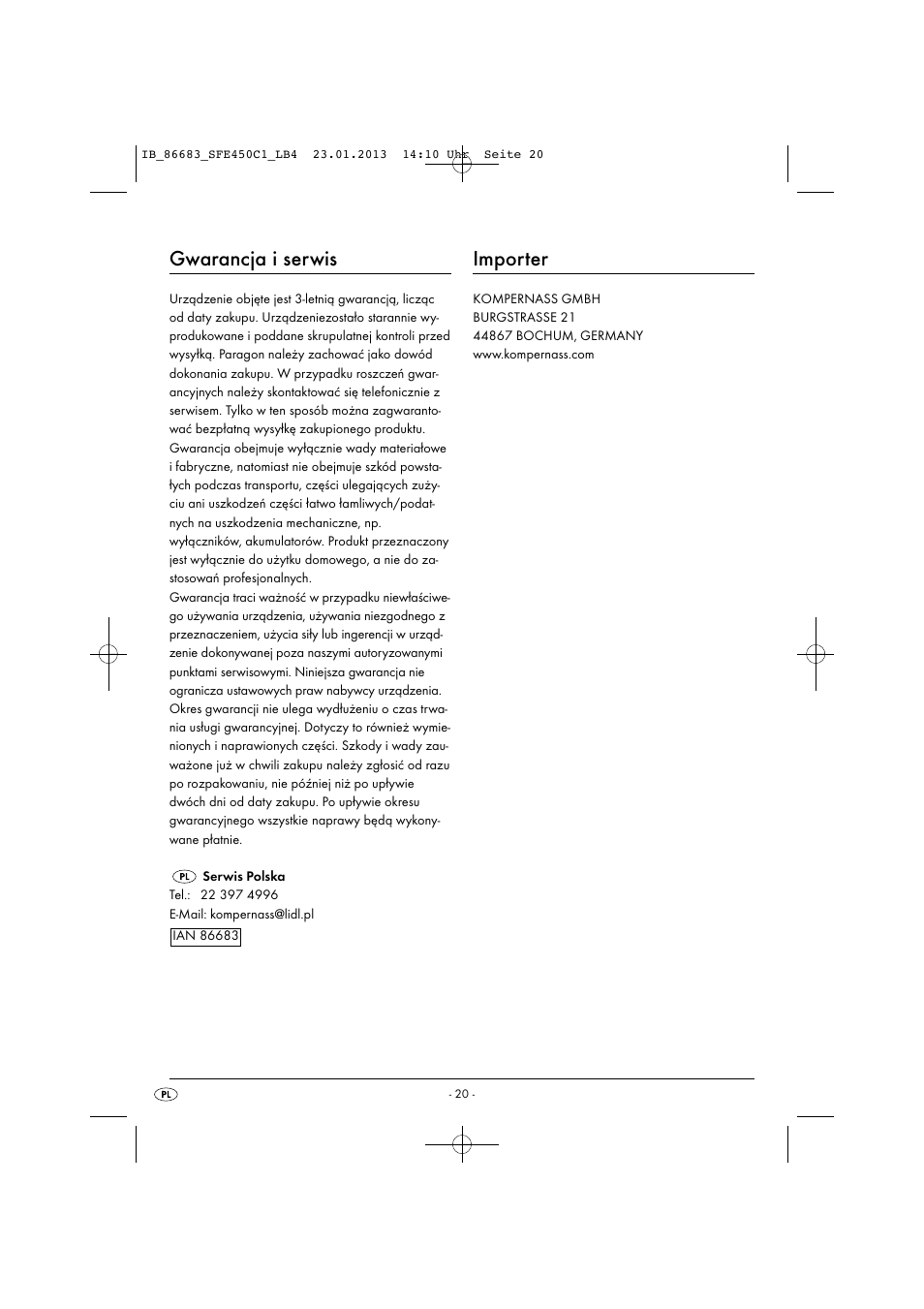 Gwarancja i serwis, Importer | Silvercrest SFE 450 C1 User Manual | Page 23 / 76