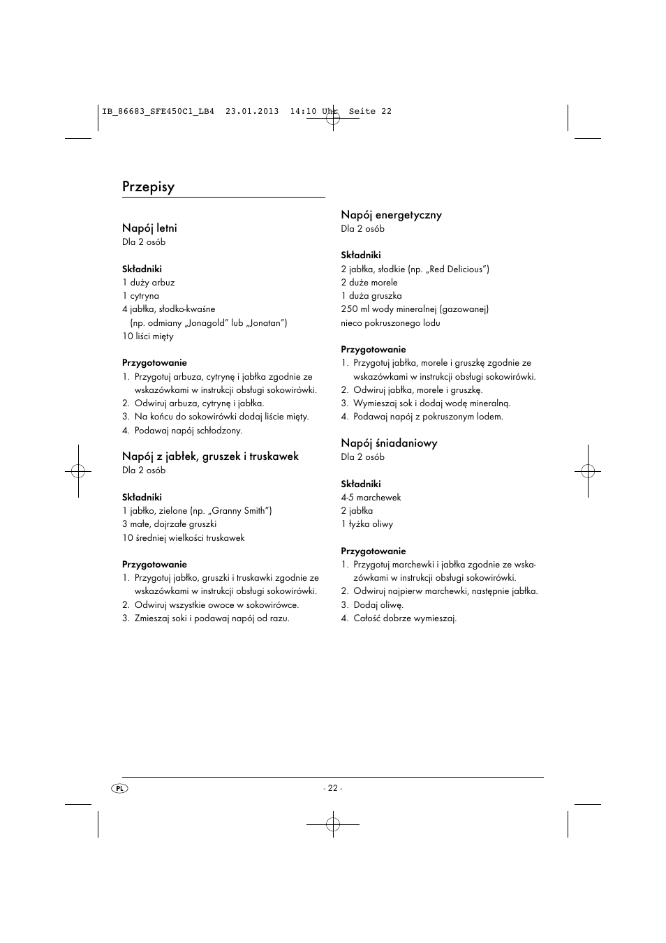 Przepisy, Napój letni, Napój z jabłek, gruszek i truskawek | Napój energetyczny, Napój śniadaniowy | Silvercrest SFE 450 C1 User Manual | Page 25 / 76