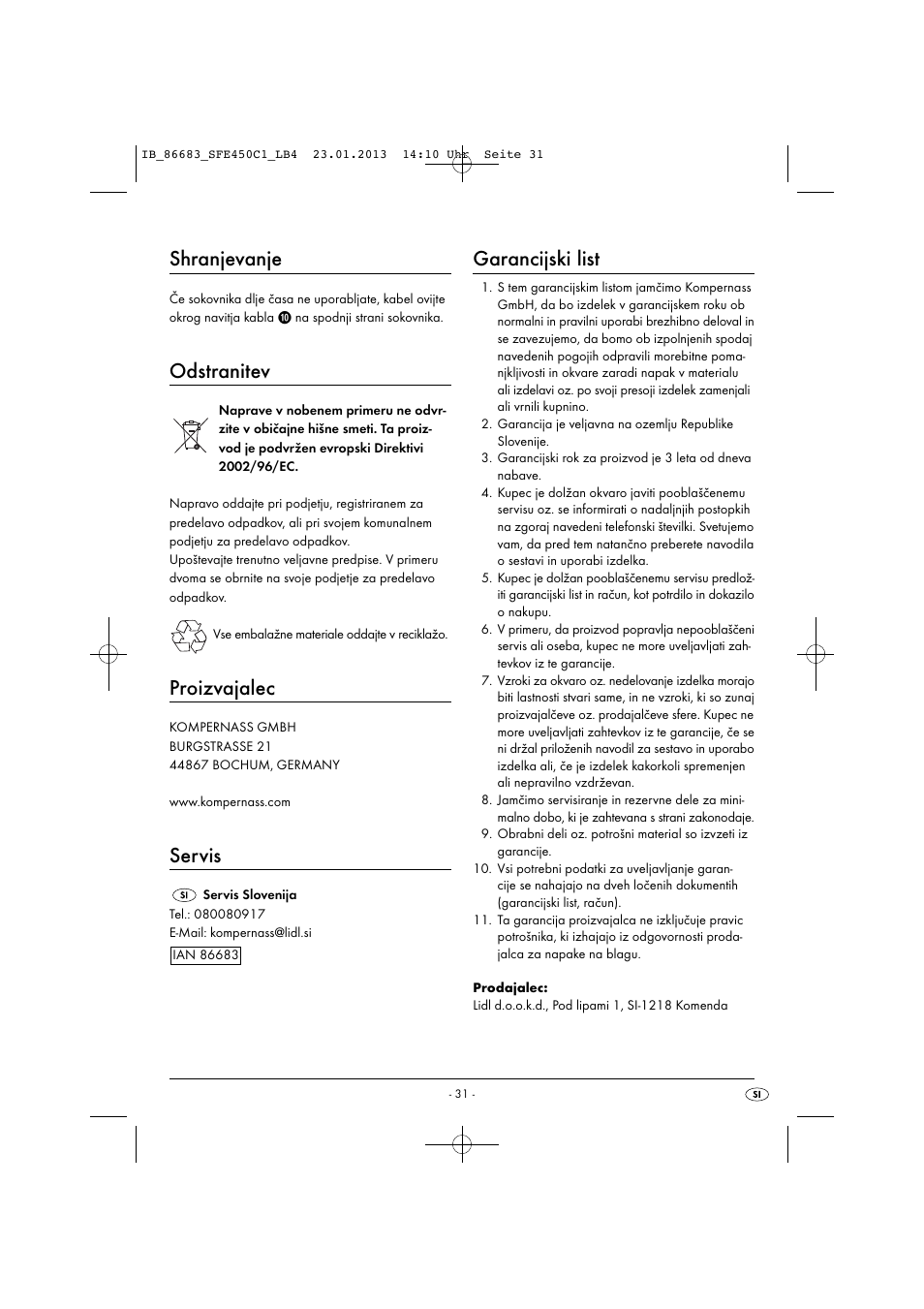 Shranjevanje, Odstranitev, Proizvajalec | Servis, Garancijski list | Silvercrest SFE 450 C1 User Manual | Page 34 / 76