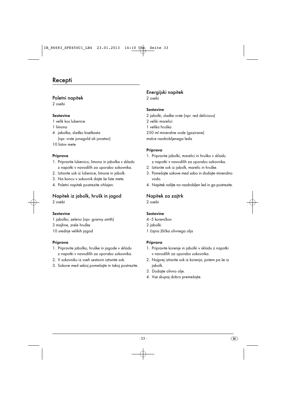 Recepti, Poletni napitek, Napitek iz jabolk, hrušk in jagod | Energijski napitek, Napitek za zajtrk | Silvercrest SFE 450 C1 User Manual | Page 36 / 76