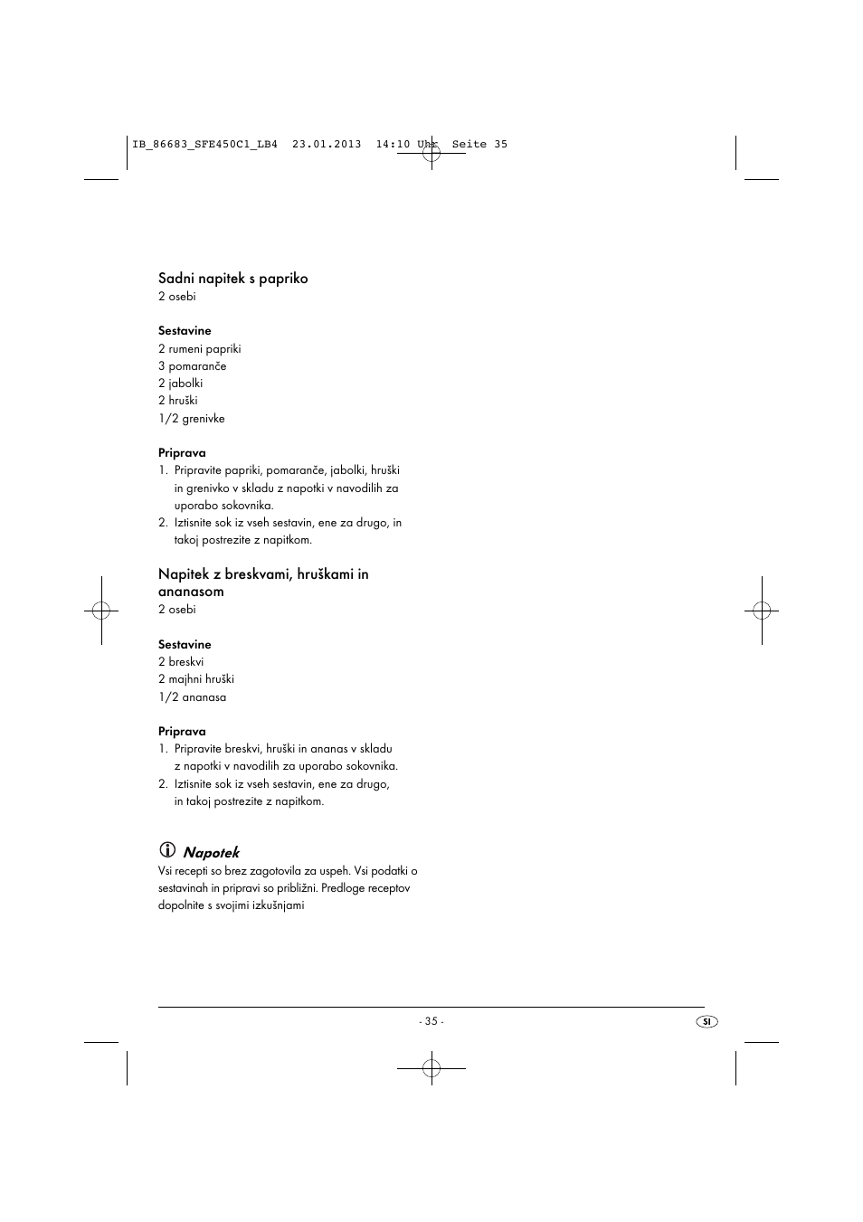 Sadni napitek s papriko, Napitek z breskvami, hruškami in ananasom, Napotek | Silvercrest SFE 450 C1 User Manual | Page 38 / 76