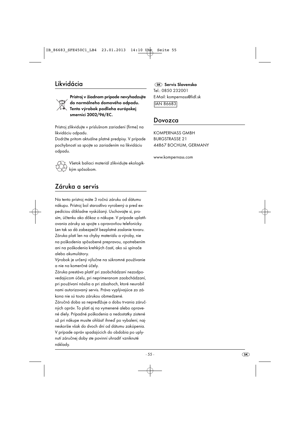 Likvidácia, Záruka a servis, Dovozca | Silvercrest SFE 450 C1 User Manual | Page 58 / 76