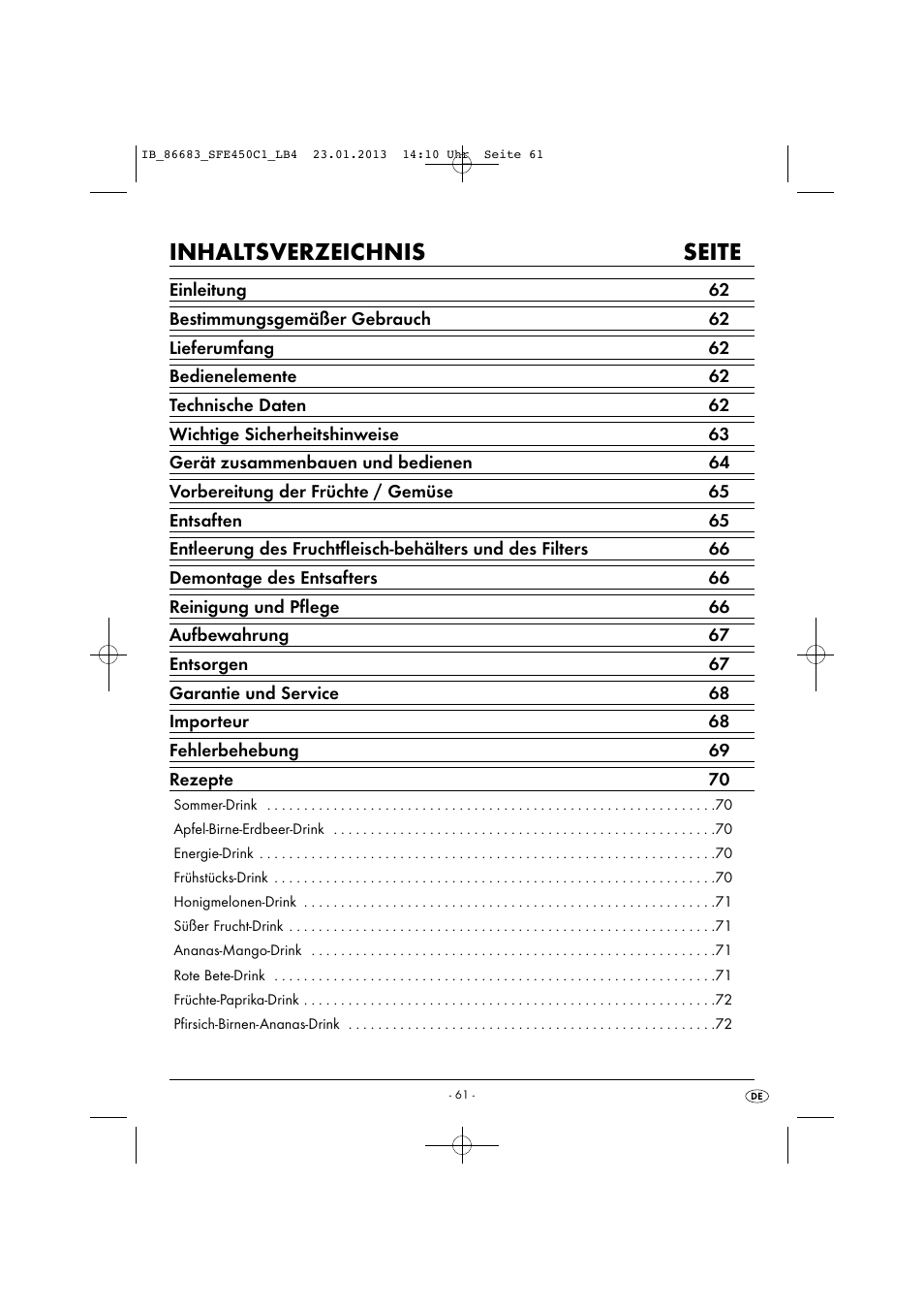 Inhaltsverzeichnis seite | Silvercrest SFE 450 C1 User Manual | Page 64 / 76