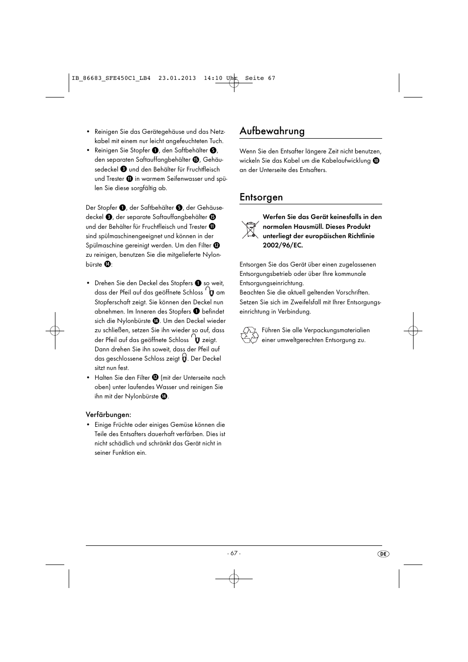 Aufbewahrung, Entsorgen | Silvercrest SFE 450 C1 User Manual | Page 70 / 76