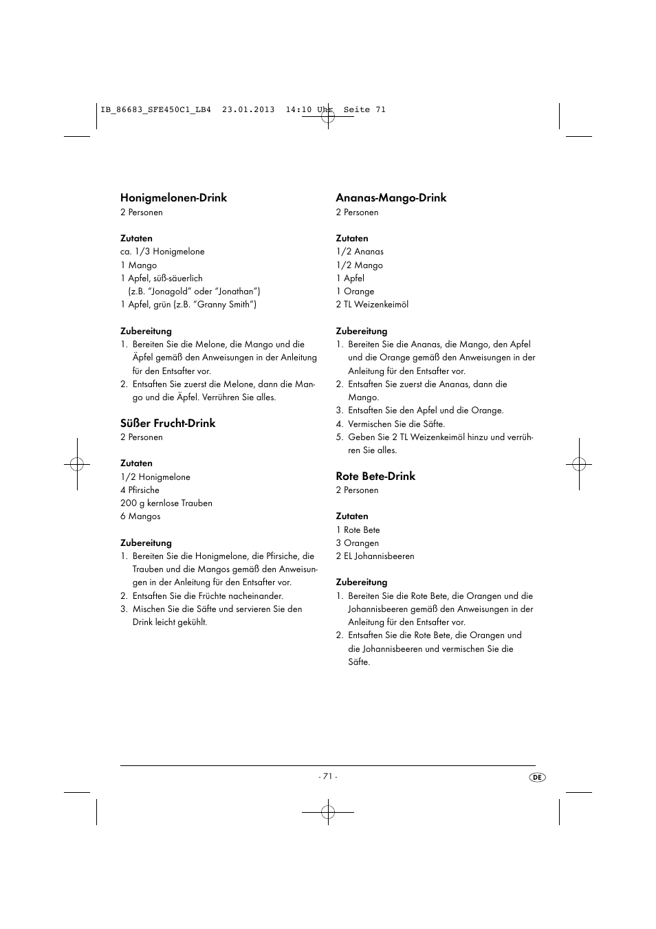 Honigmelonen-drink, Süßer frucht-drink, Ananas-mango-drink | Rote bete-drink | Silvercrest SFE 450 C1 User Manual | Page 74 / 76