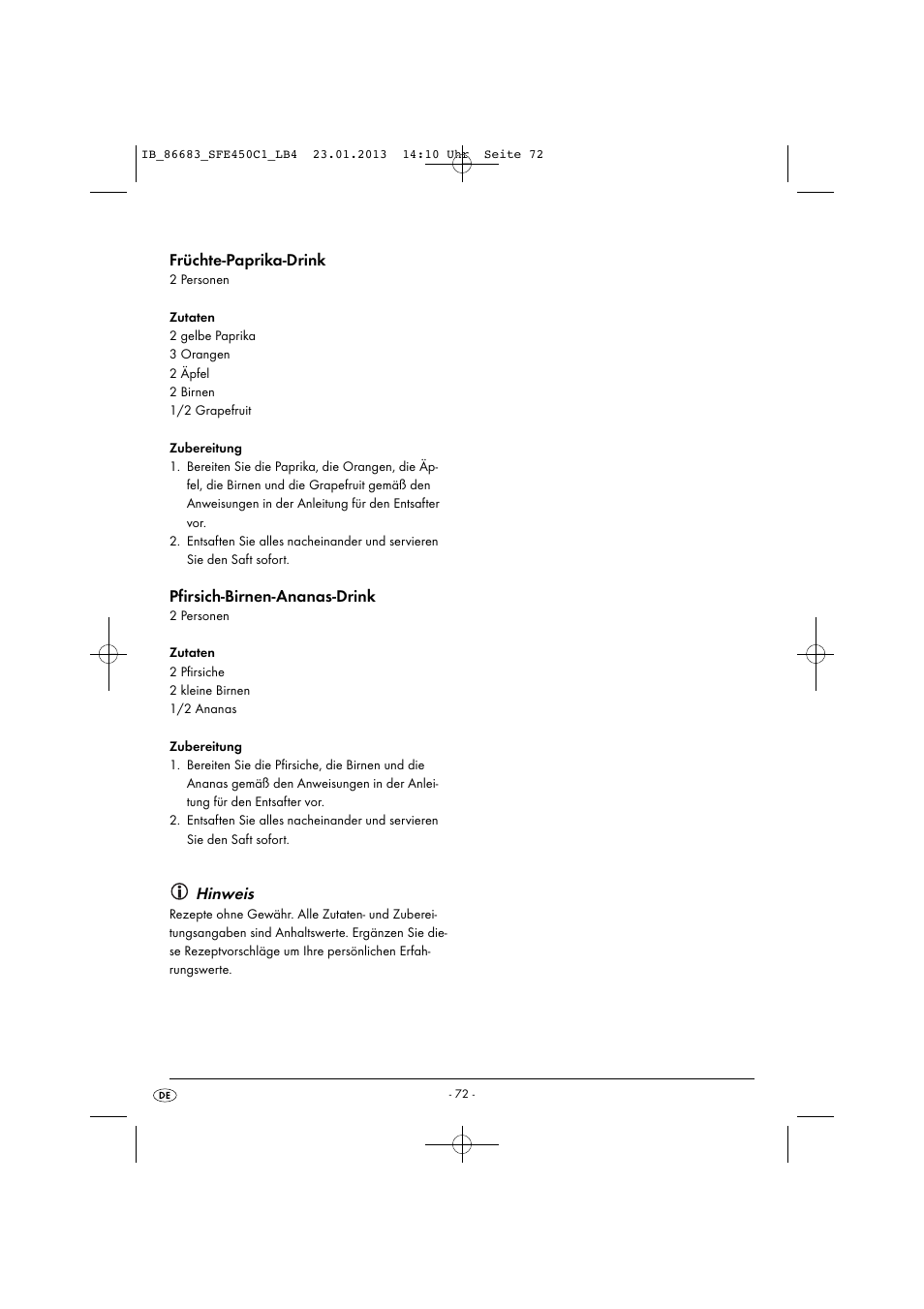 Früchte-paprika-drink, Pfirsich-birnen-ananas-drink, Hinweis | Silvercrest SFE 450 C1 User Manual | Page 75 / 76