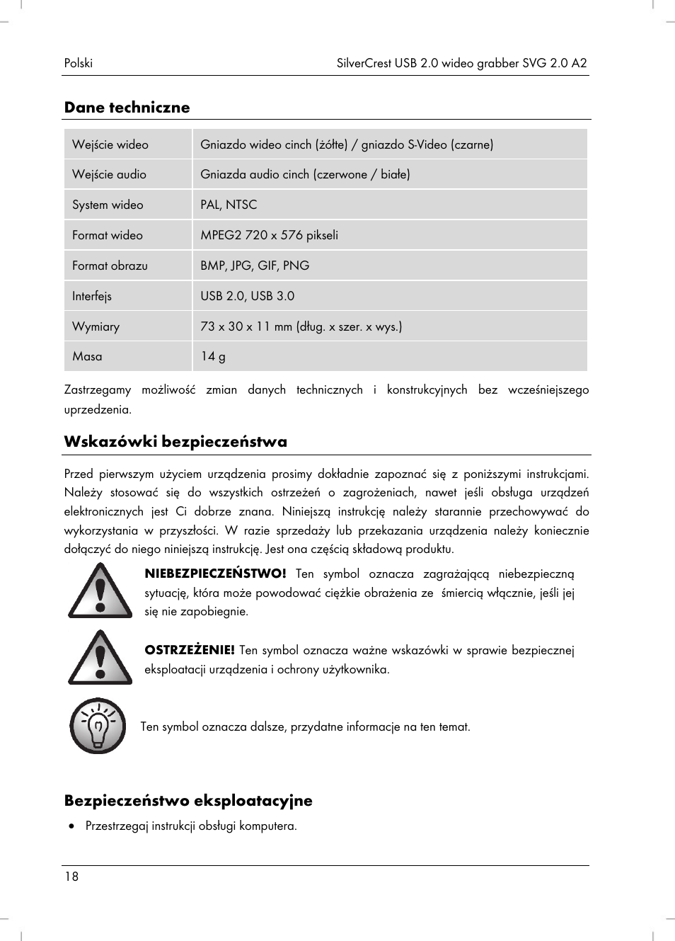 Dane techniczne, Wskazówki bezpieczeństwa, Bezpieczeństwo eksploatacyjne | Silvercrest SVG 2.0 A2 User Manual | Page 19 / 51