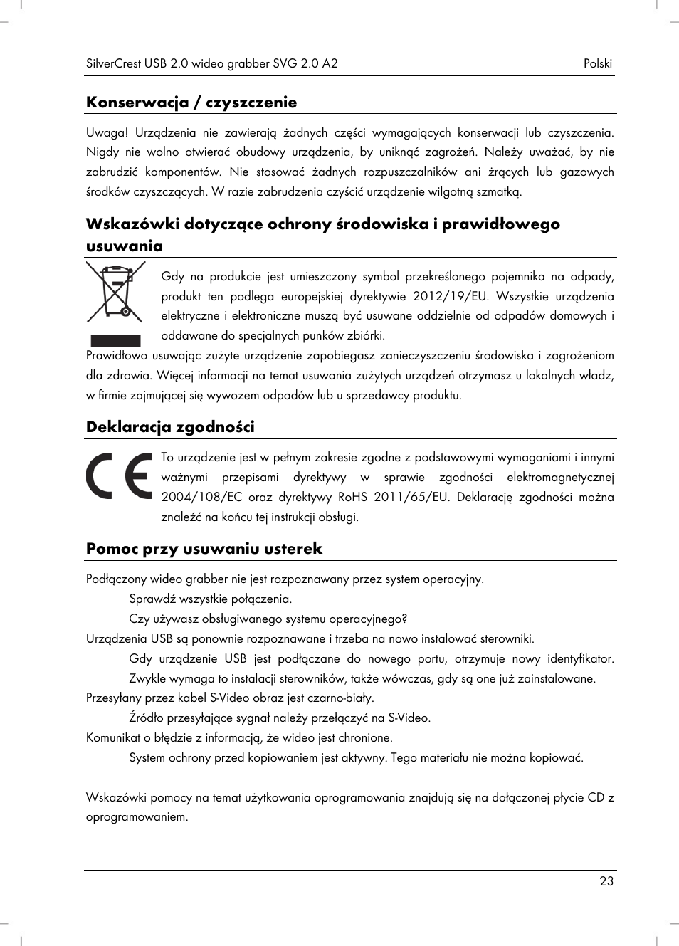 Konserwacja / czyszczenie, Deklaracja zgodności, Pomoc przy usuwaniu usterek | Silvercrest SVG 2.0 A2 User Manual | Page 24 / 51