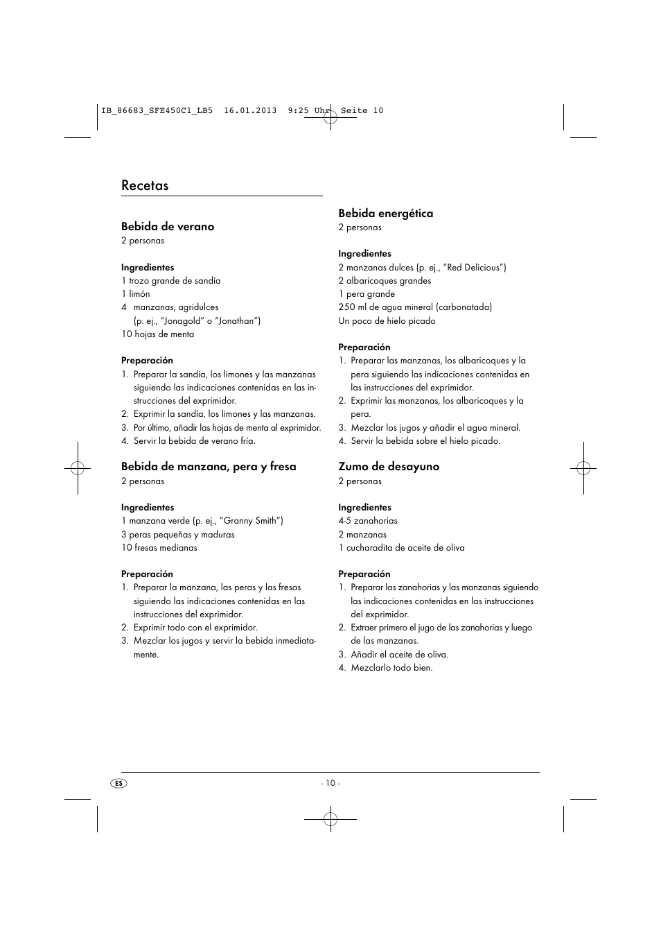 Recetas, Bebida de verano, Bebida de manzana, pera y fresa | Bebida energética, Zumo de desayuno | Silvercrest SFE 450 C1 User Manual | Page 13 / 64