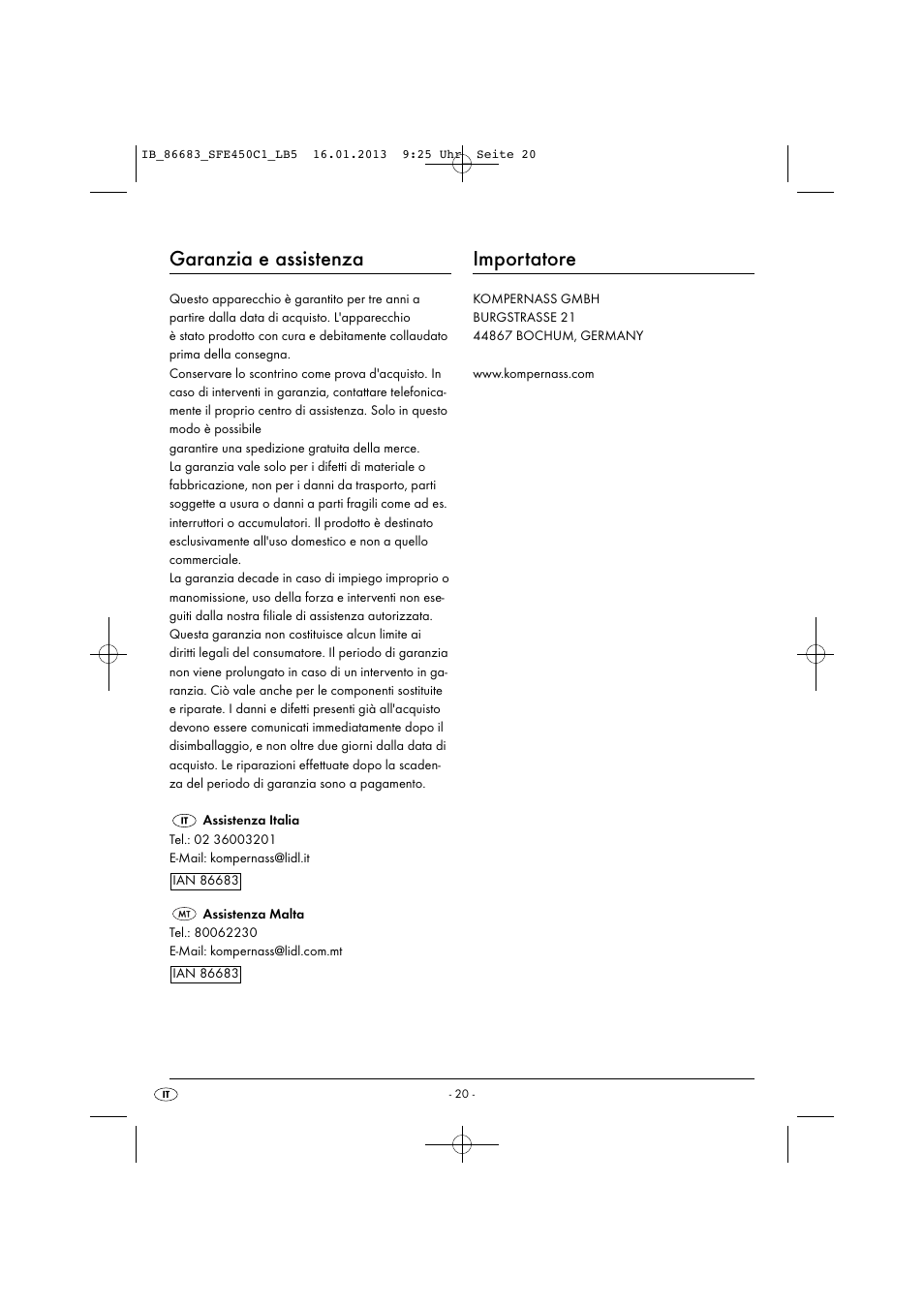 Garanzia e assistenza, Importatore | Silvercrest SFE 450 C1 User Manual | Page 23 / 64