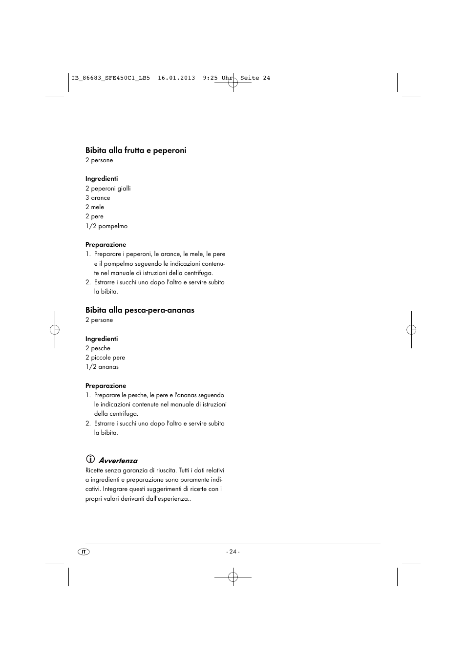 Bibita alla frutta e peperoni, Bibita alla pesca-pera-ananas, Avvertenza | Silvercrest SFE 450 C1 User Manual | Page 27 / 64