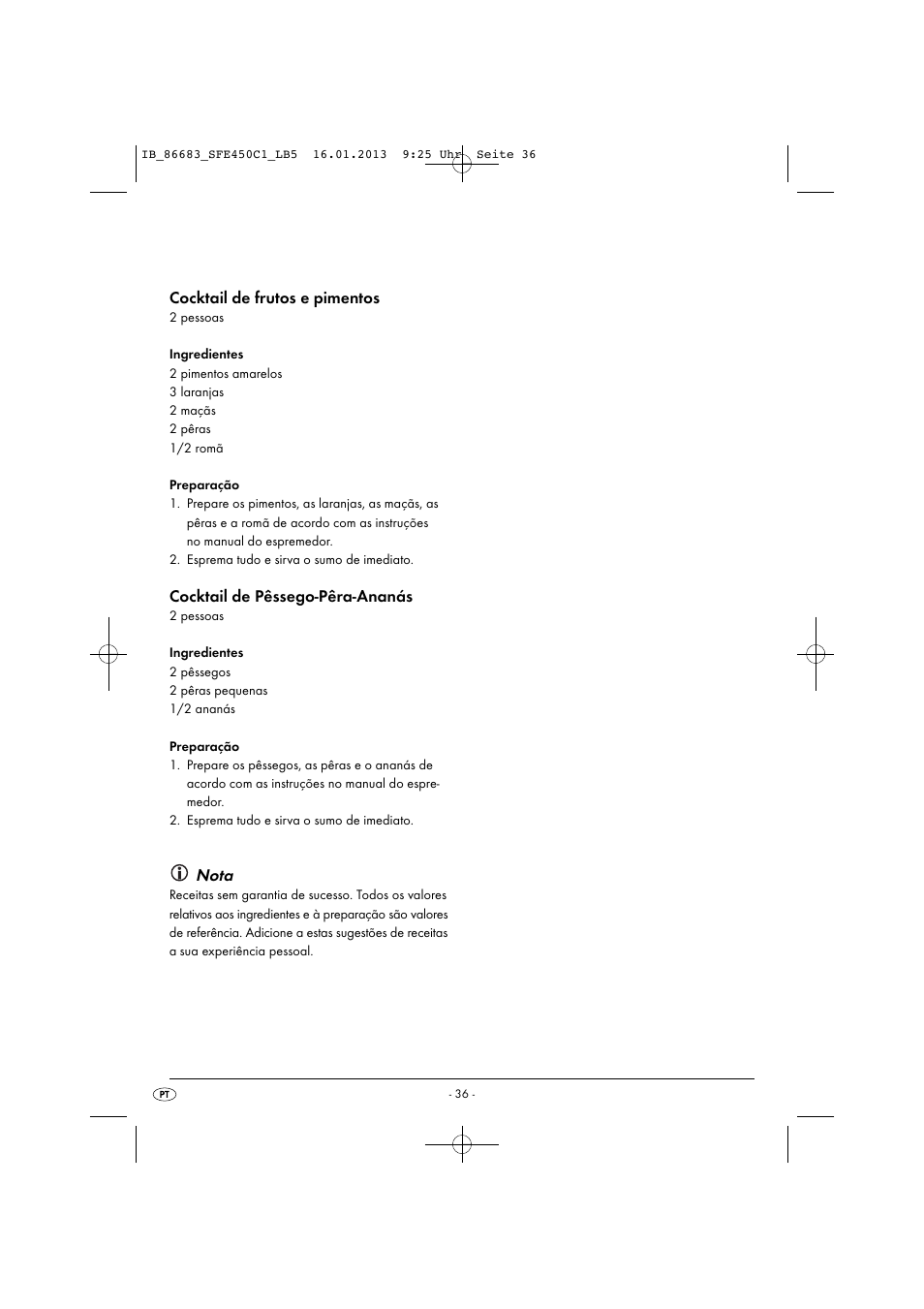 Cocktail de frutos e pimentos, Cocktail de pêssego-pêra-ananás, Nota | Silvercrest SFE 450 C1 User Manual | Page 39 / 64