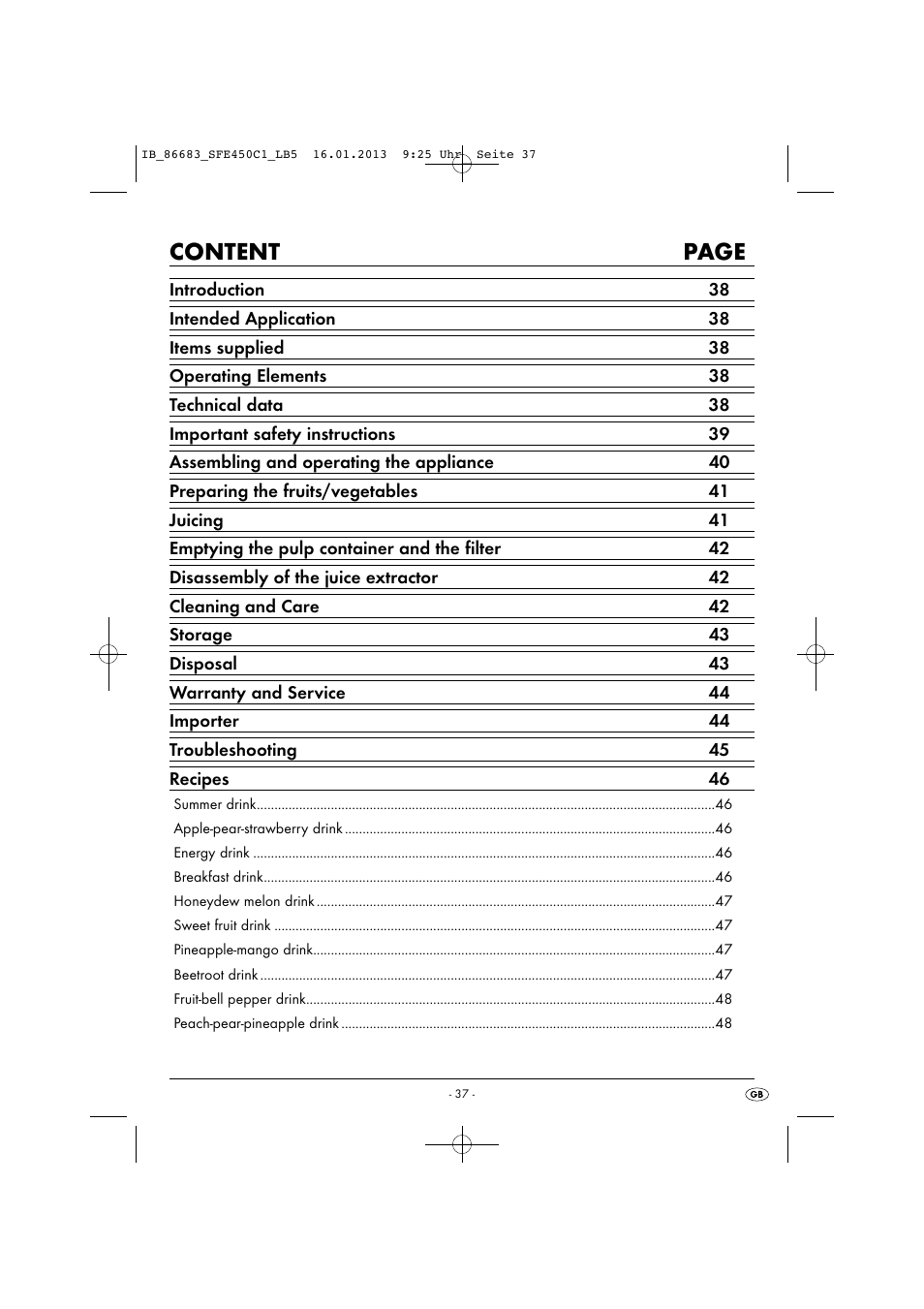 Content page | Silvercrest SFE 450 C1 User Manual | Page 40 / 64