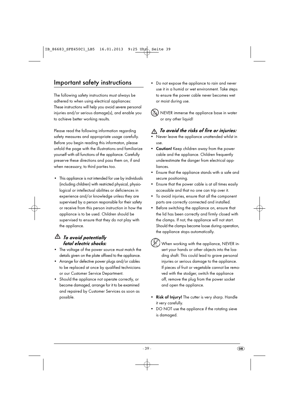 Important safety instructions | Silvercrest SFE 450 C1 User Manual | Page 42 / 64