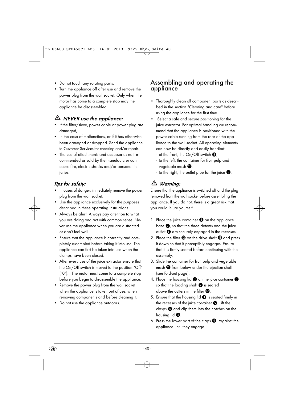 Assembling and operating the appliance, Never use the appliance, Tips for safety | Warning | Silvercrest SFE 450 C1 User Manual | Page 43 / 64