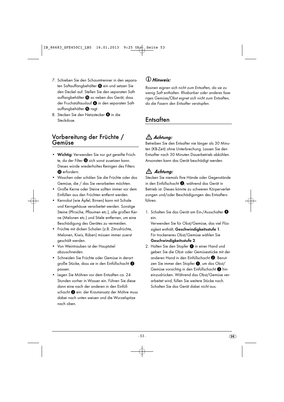 Vorbereitung der früchte / gemüse, Entsaften | Silvercrest SFE 450 C1 User Manual | Page 56 / 64