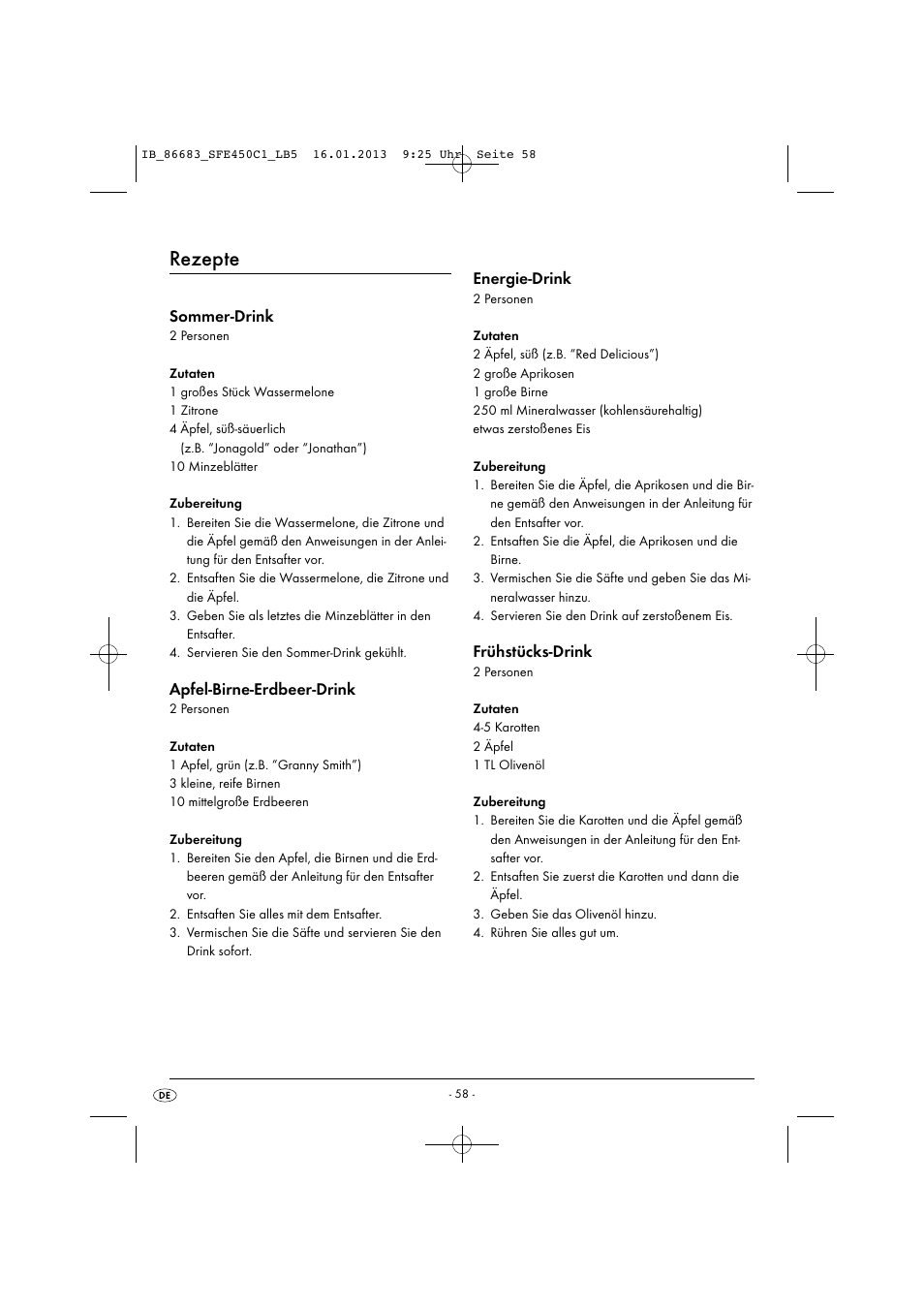 Rezepte, Sommer-drink, Apfel-birne-erdbeer-drink | Energie-drink, Frühstücks-drink | Silvercrest SFE 450 C1 User Manual | Page 61 / 64