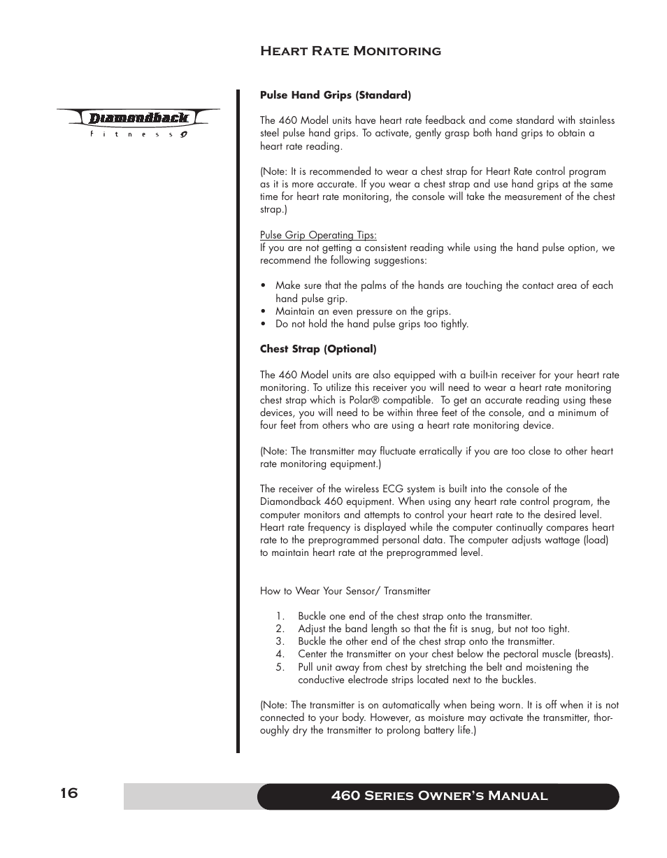 460 series f owner’s manual heart rate monitoring | Diamondback 460 User Manual | Page 16 / 36