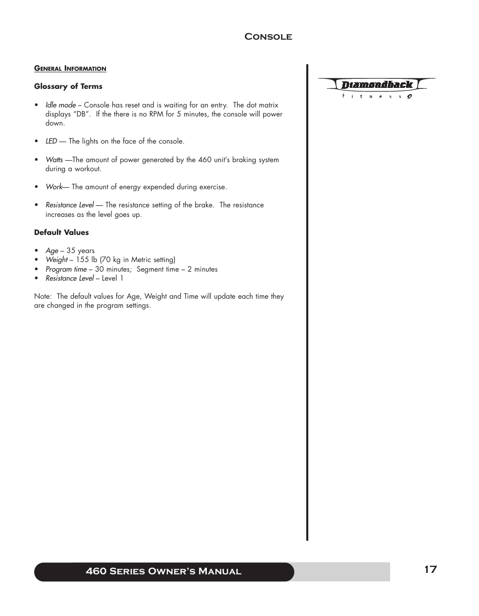 460 series f owner’s manual, Console | Diamondback 460 User Manual | Page 17 / 36