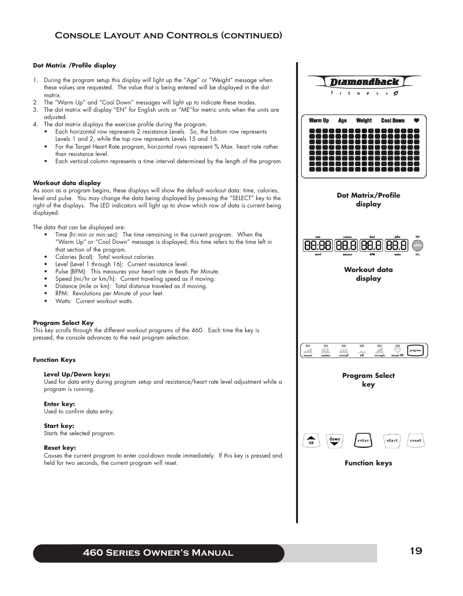 460 series f owner’s manual, Console layout and controls (continued) | Diamondback 460 User Manual | Page 19 / 36