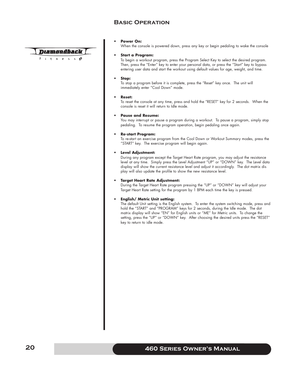 460 series f owner’s manual basic operation | Diamondback 460 User Manual | Page 20 / 36