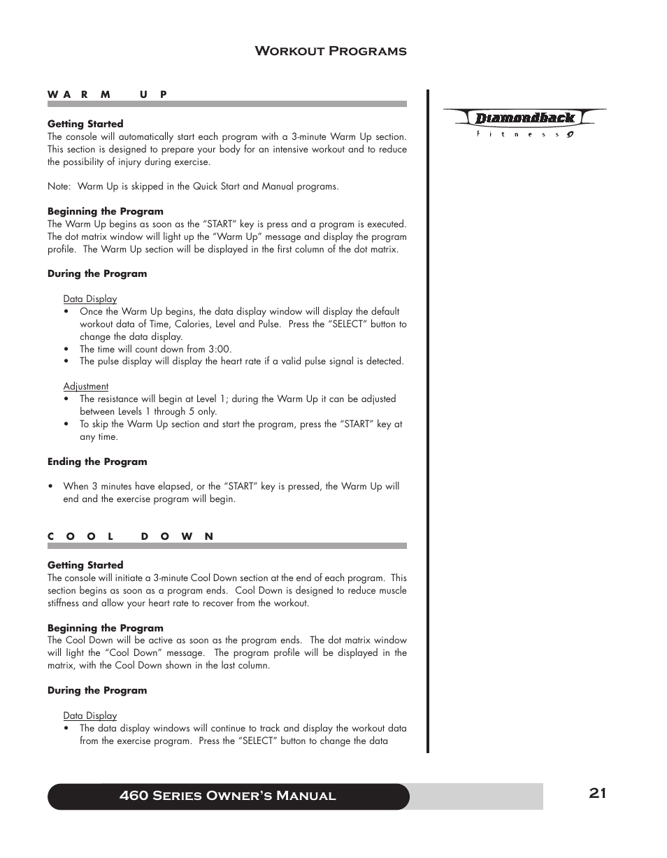 460 series f owner’s manual, Workout programs | Diamondback 460 User Manual | Page 21 / 36