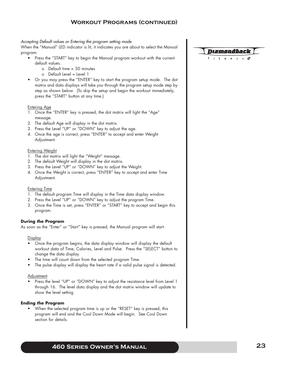 460 series f owner’s manual, Workout programs (continued) | Diamondback 460 User Manual | Page 23 / 36