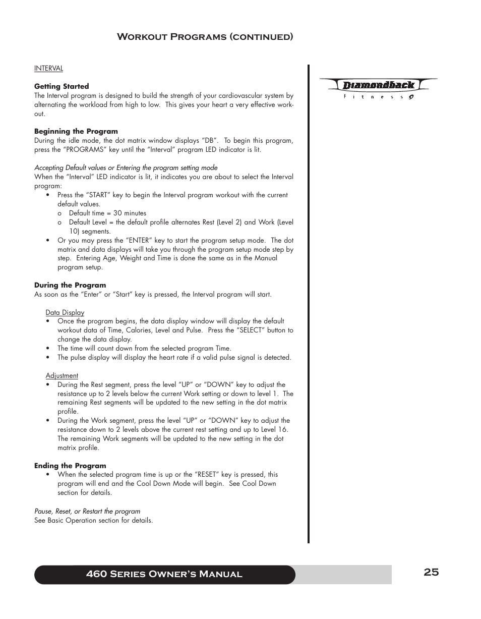 460 series f owner’s manual, Workout programs (continued) | Diamondback 460 User Manual | Page 25 / 36