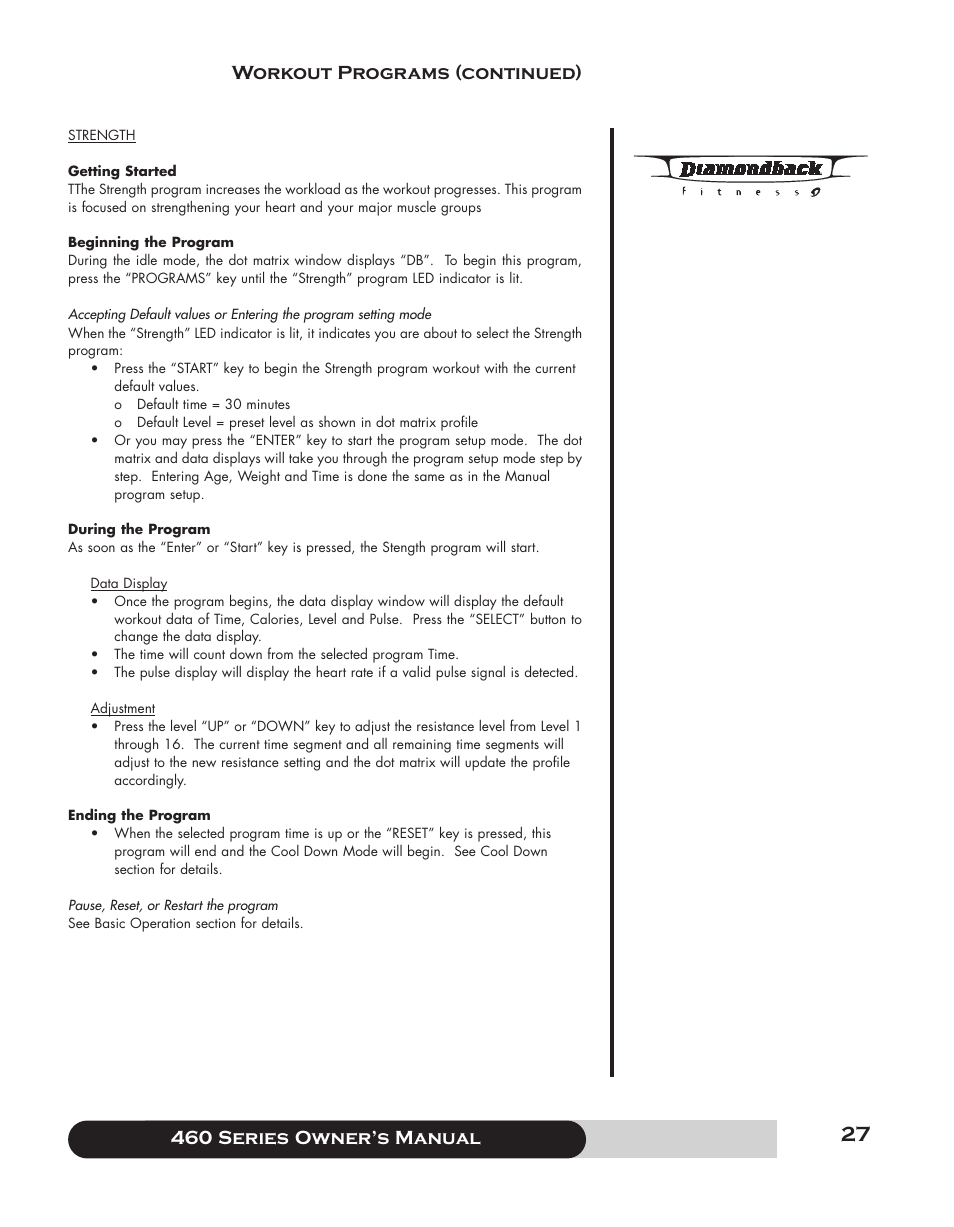 460 series f owner’s manual, Workout programs (continued) | Diamondback 460 User Manual | Page 27 / 36