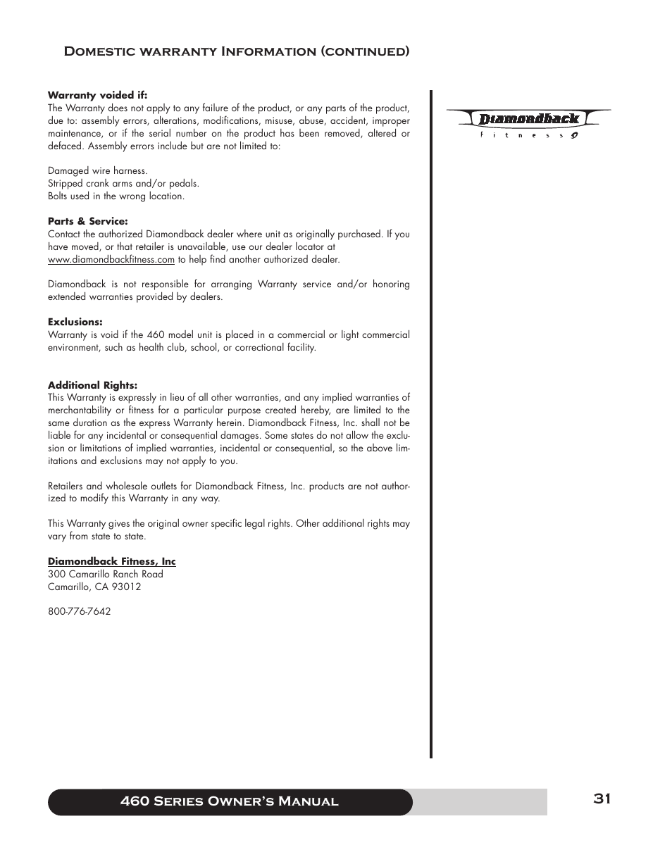 460 series f owner’s manual, Domestic warranty information (continued) | Diamondback 460 User Manual | Page 31 / 36