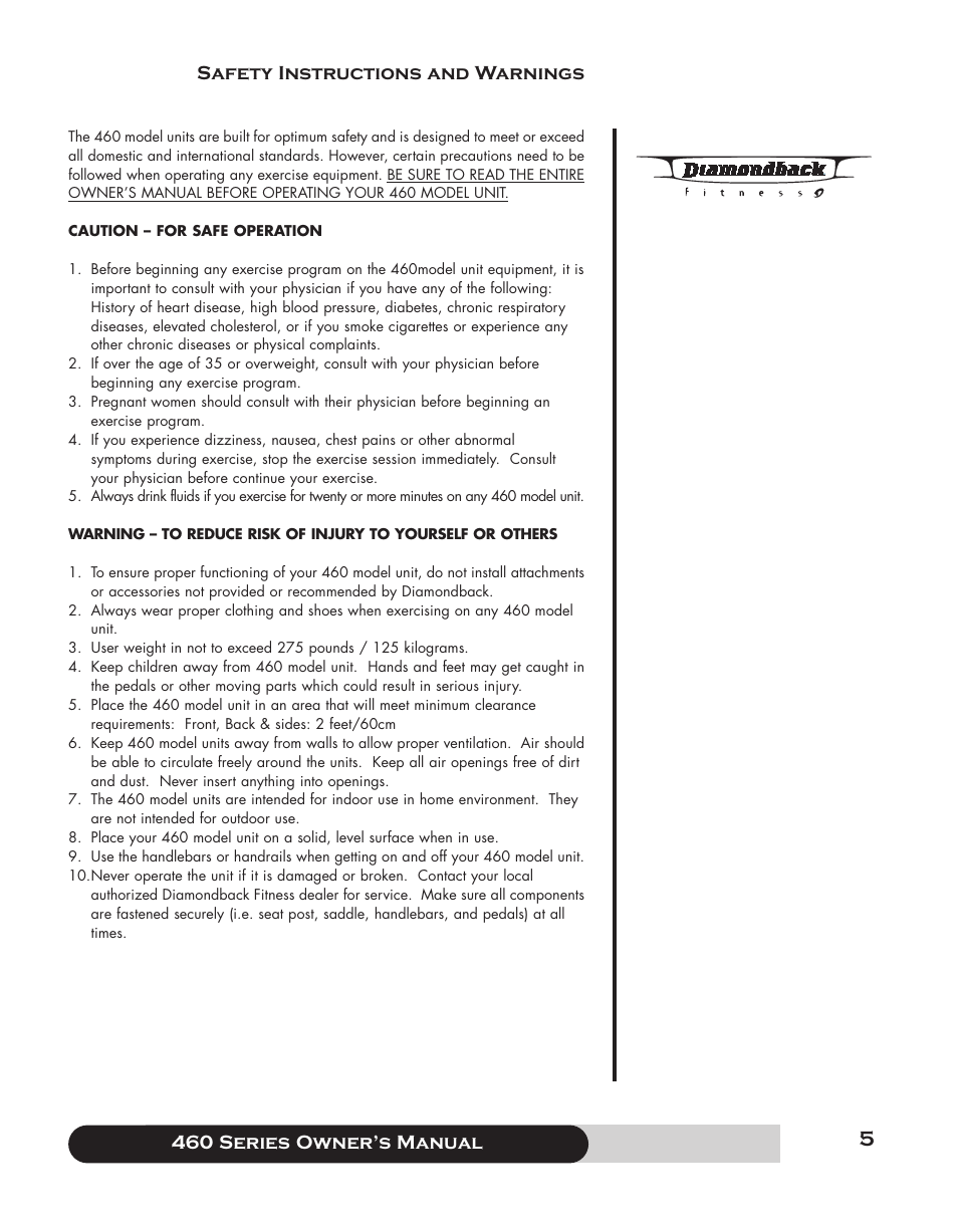 460 series f owner’s manual, Safety instructions and warnings | Diamondback 460 User Manual | Page 5 / 36