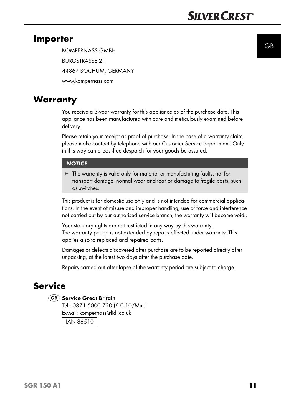 Importer, Warranty, Service | Silvercrest SGR 150 A1 User Manual | Page 14 / 88