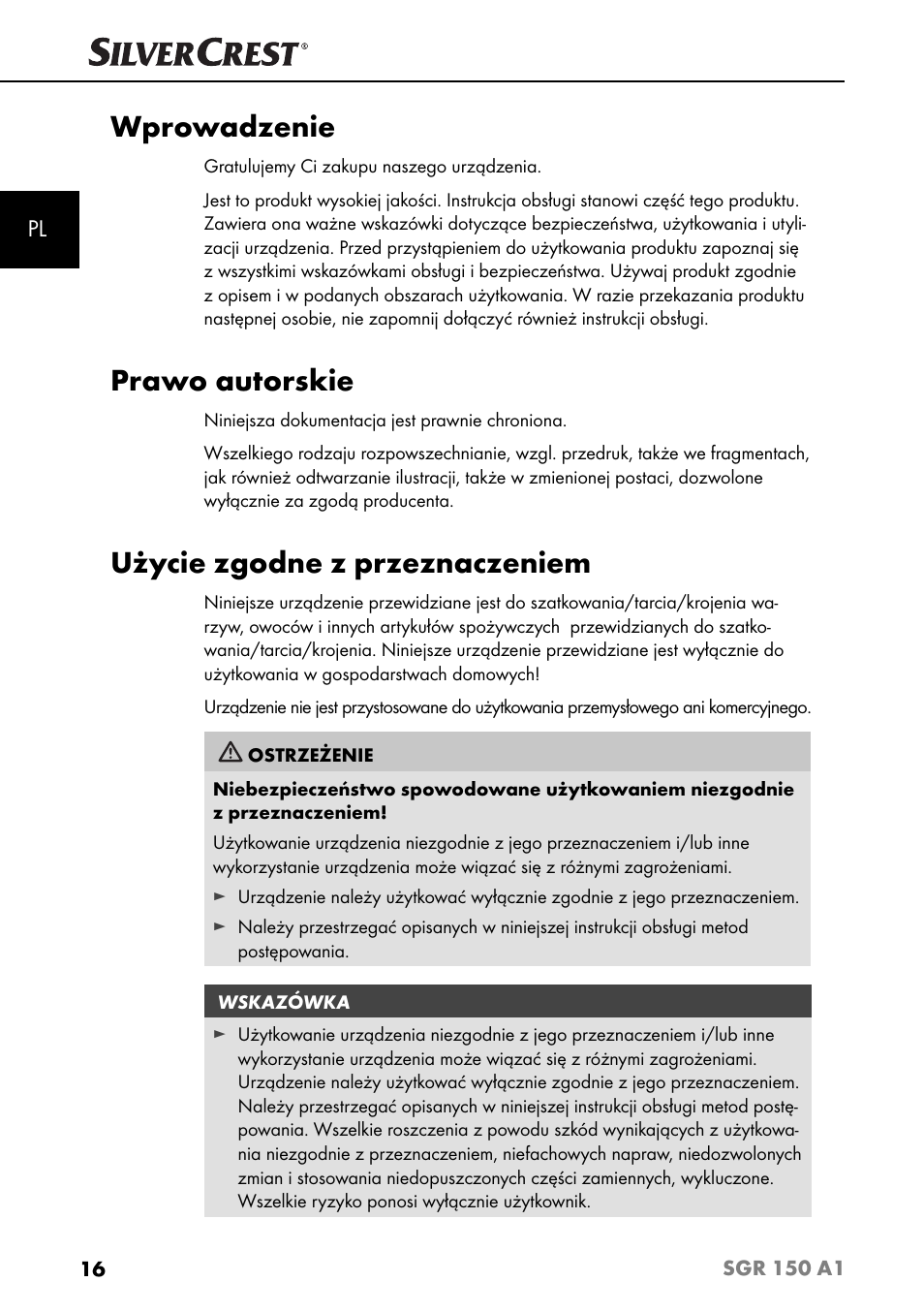 Wprowadzenie, Prawo autorskie, Użycie zgodne z przeznaczeniem | Silvercrest SGR 150 A1 User Manual | Page 19 / 88