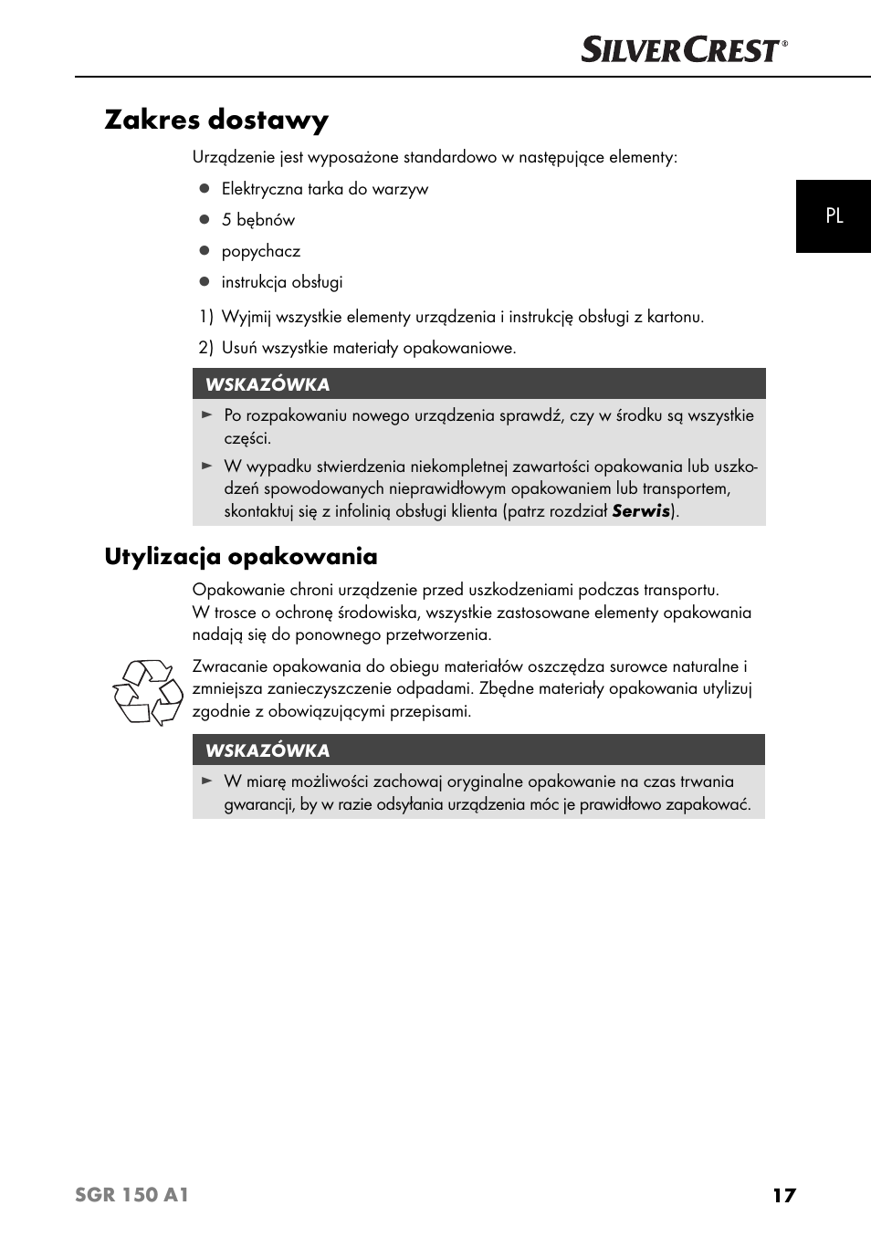 Zakres dostawy, Utylizacja opakowania | Silvercrest SGR 150 A1 User Manual | Page 20 / 88