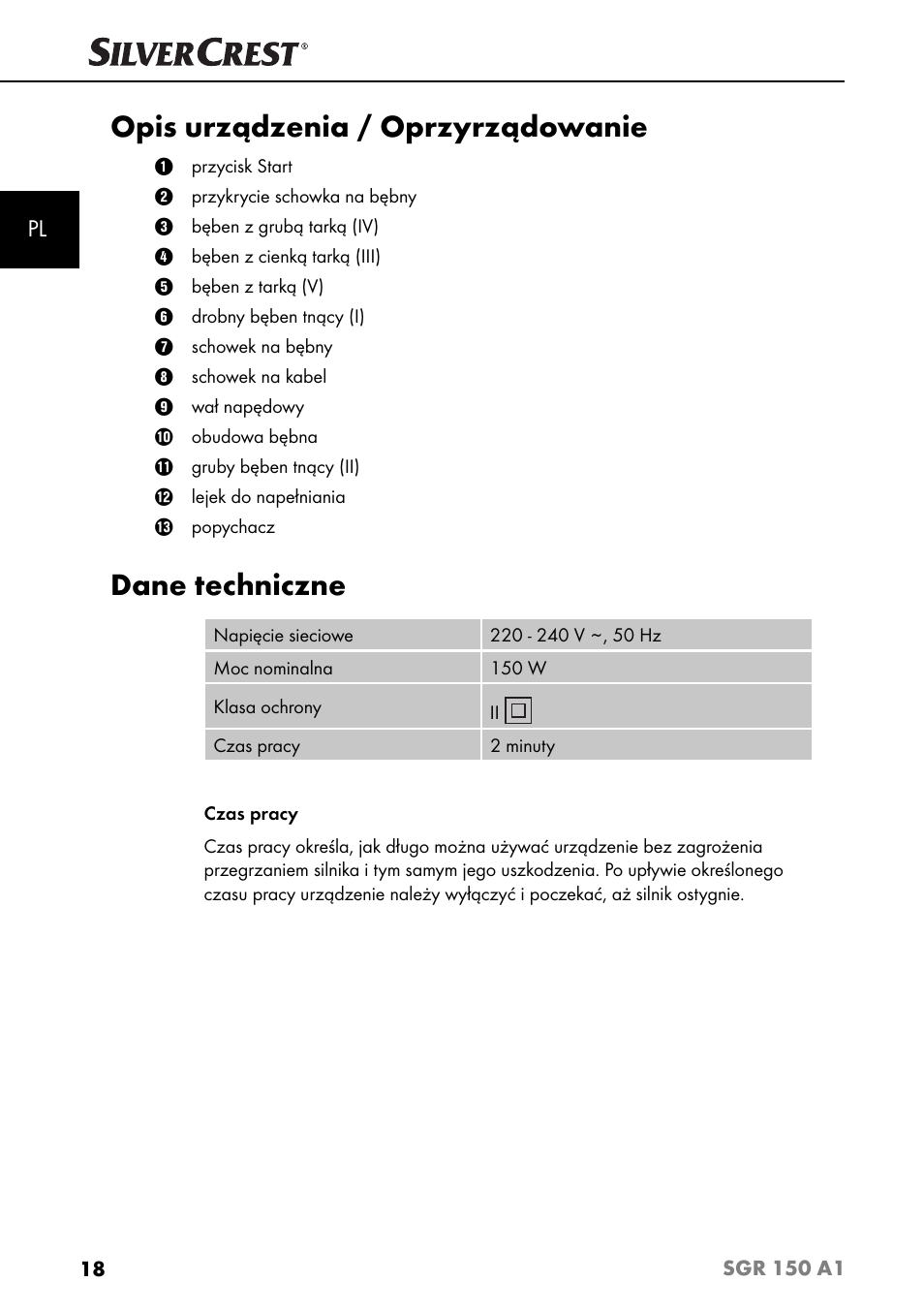 Opis urządzenia / oprzyrządowanie, Dane techniczne | Silvercrest SGR 150 A1 User Manual | Page 21 / 88