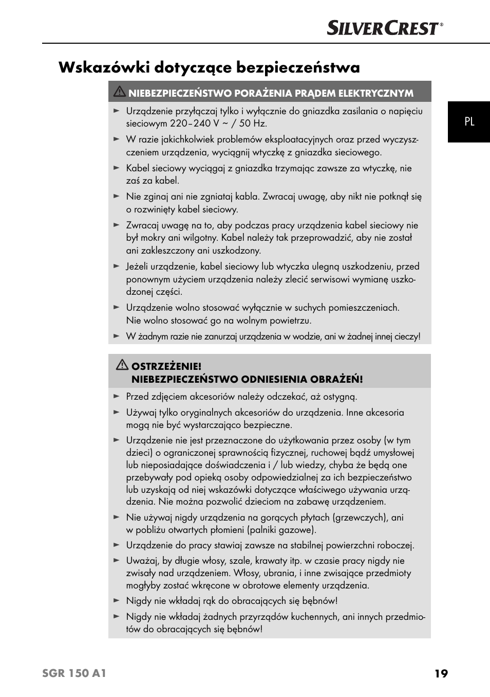 Wskazówki dotyczące bezpieczeństwa | Silvercrest SGR 150 A1 User Manual | Page 22 / 88