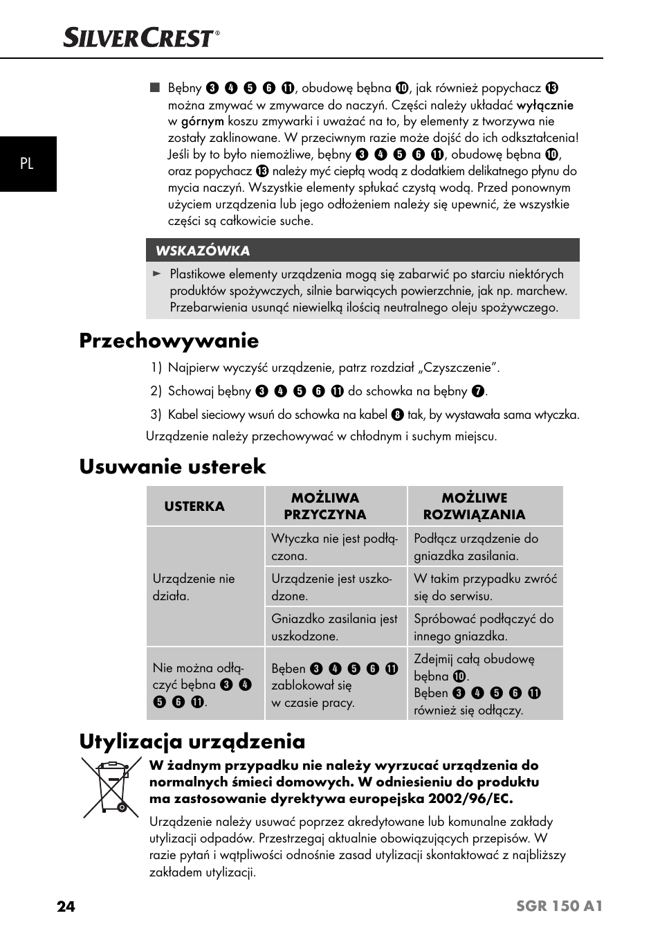 Przechowywanie, Usuwanie usterek, Utylizacja urządzenia | Silvercrest SGR 150 A1 User Manual | Page 27 / 88