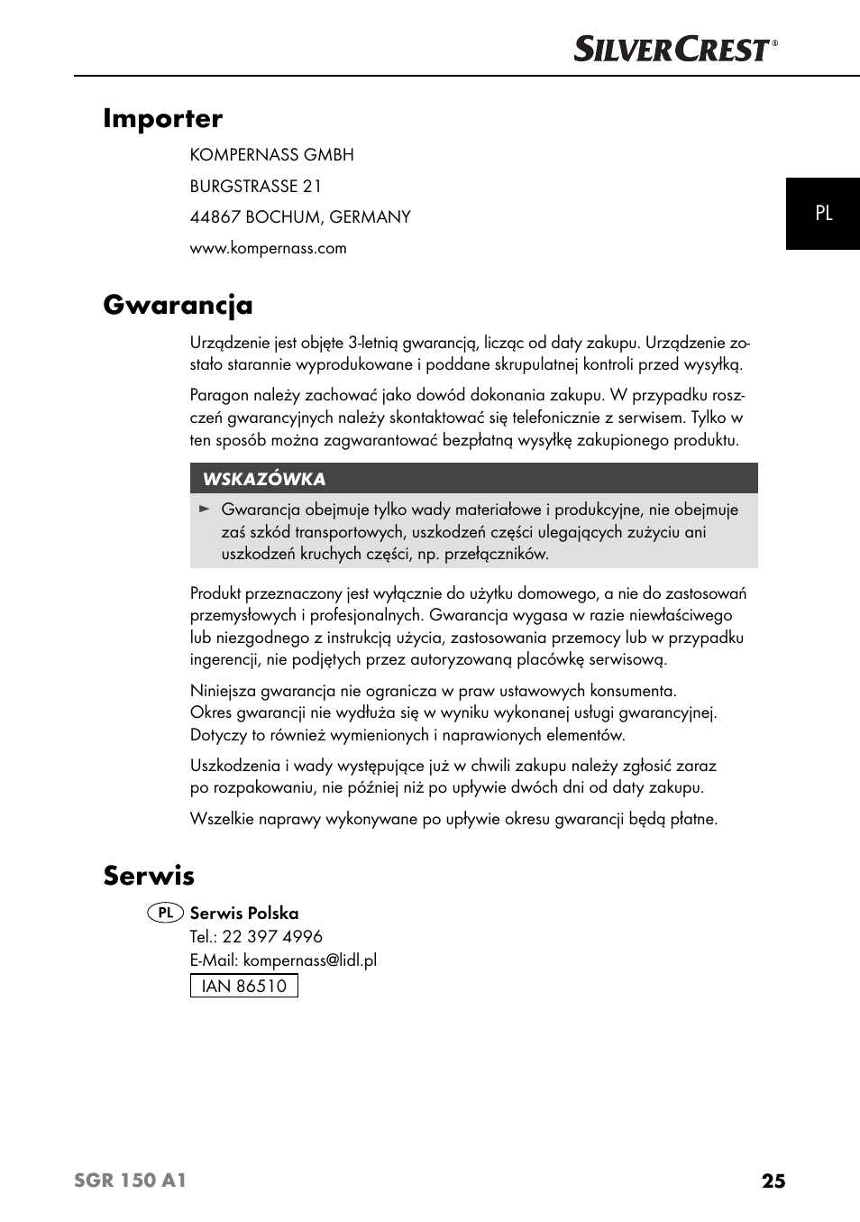 Importer, Gwarancja, Serwis | Silvercrest SGR 150 A1 User Manual | Page 28 / 88