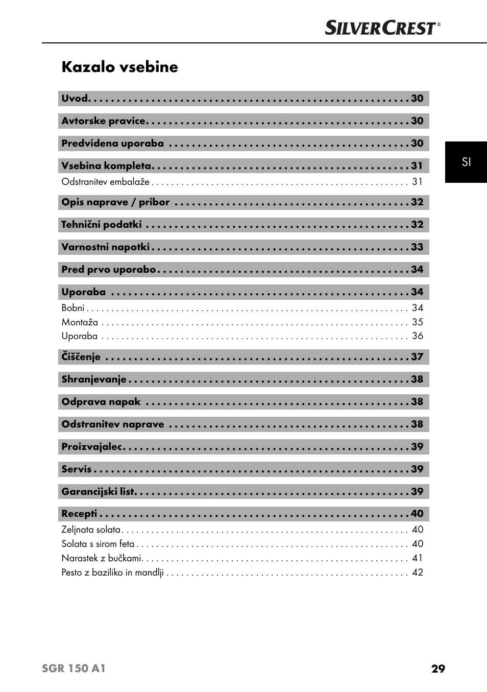 Kazalo vsebine | Silvercrest SGR 150 A1 User Manual | Page 32 / 88