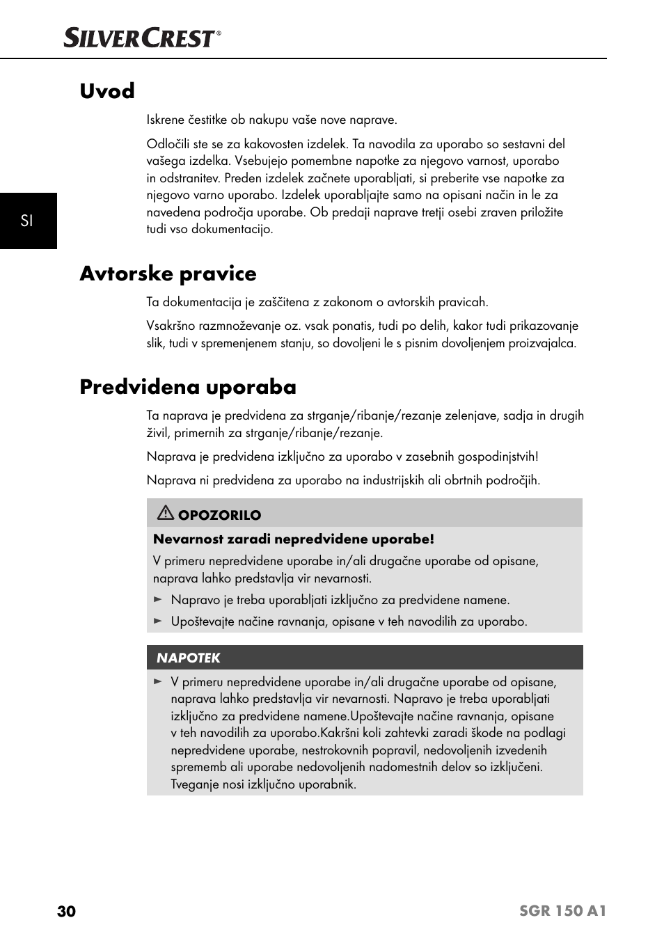 Uvod, Avtorske pravice, Predvidena uporaba | Silvercrest SGR 150 A1 User Manual | Page 33 / 88