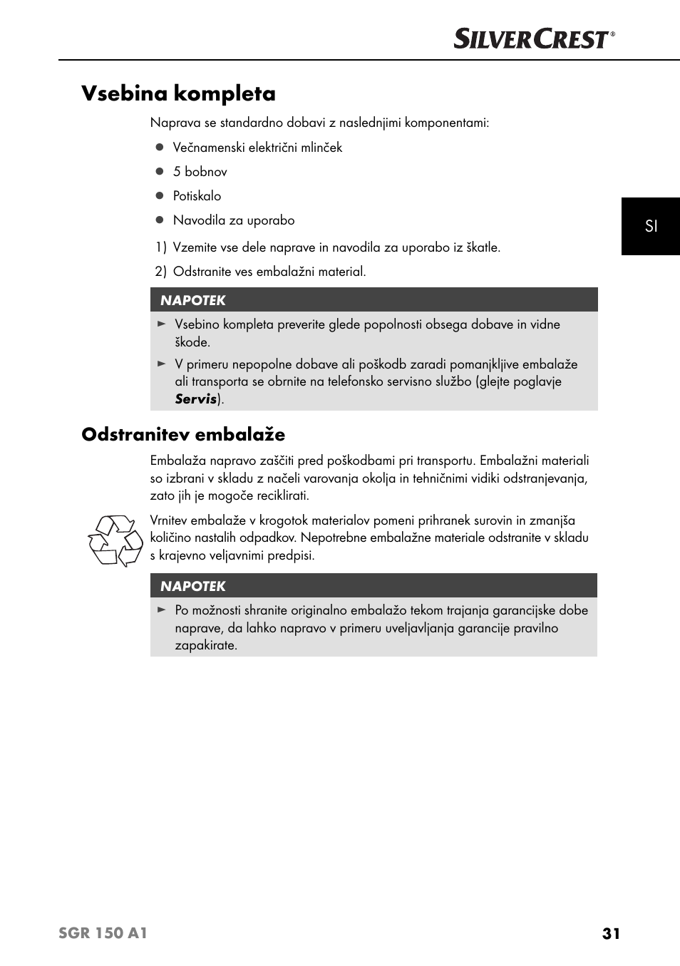 Vsebina kompleta, Odstranitev embalaže | Silvercrest SGR 150 A1 User Manual | Page 34 / 88