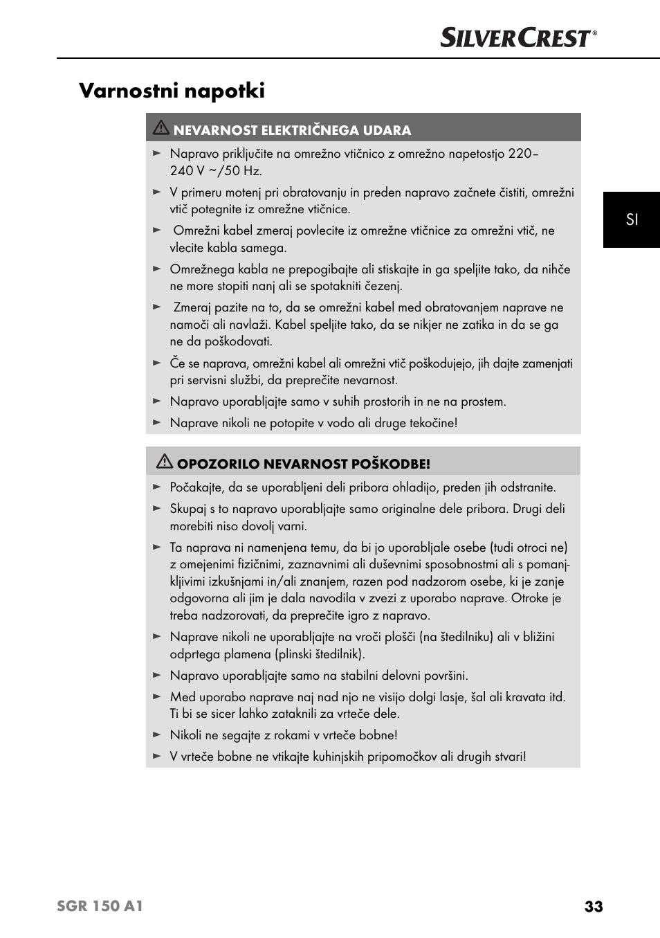 Varnostni napotki | Silvercrest SGR 150 A1 User Manual | Page 36 / 88