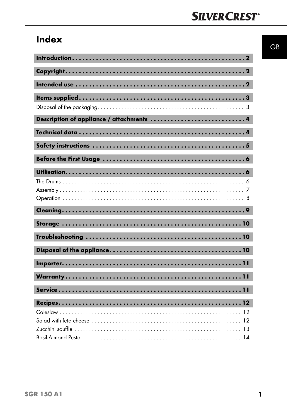Index | Silvercrest SGR 150 A1 User Manual | Page 4 / 88